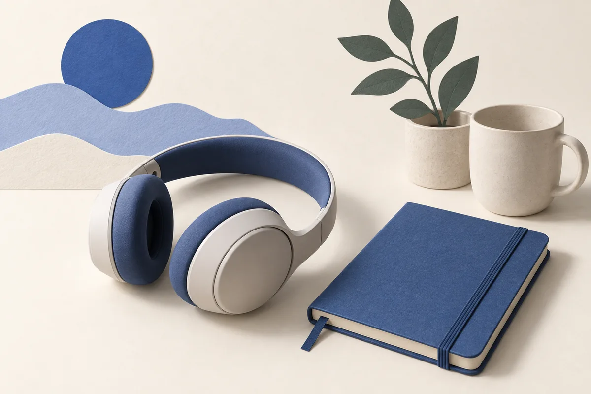 Headphones beside an appointment notebook.